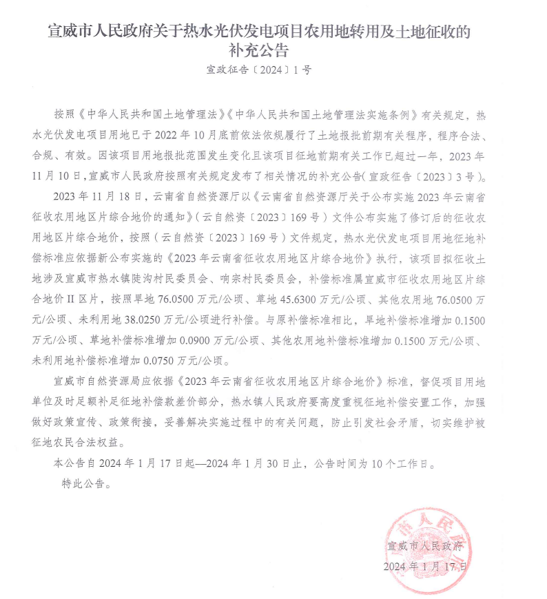 云南宣威市提高光伏用地補償標準：旱地、農用地增長(cháng)0.15萬(wàn)元/公頃 草地0.09萬(wàn)元/公頃