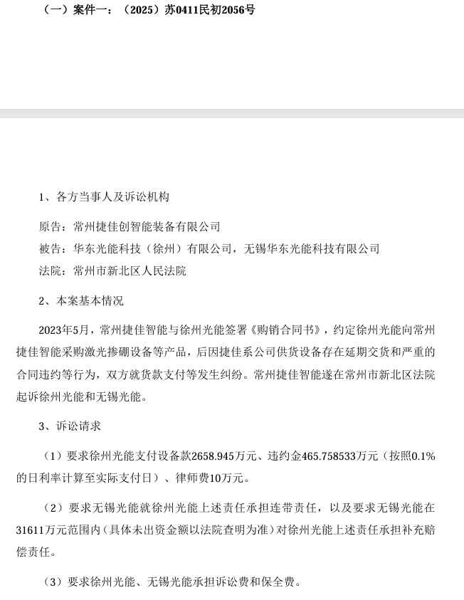 涉設備買(mǎi)賣(mài)合同糾紛！華東重機光伏子公司被告